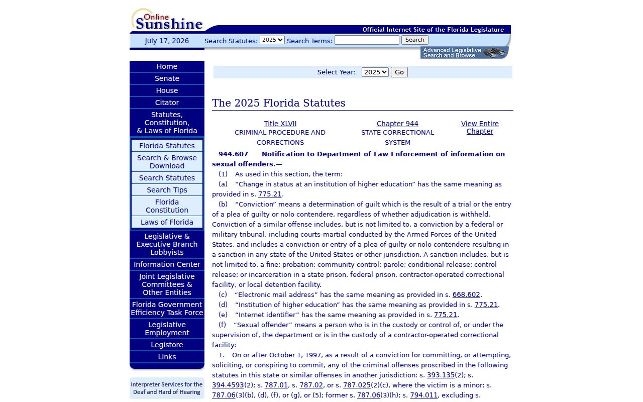 Florida corrections registration obligations statute relevant to Caryville records