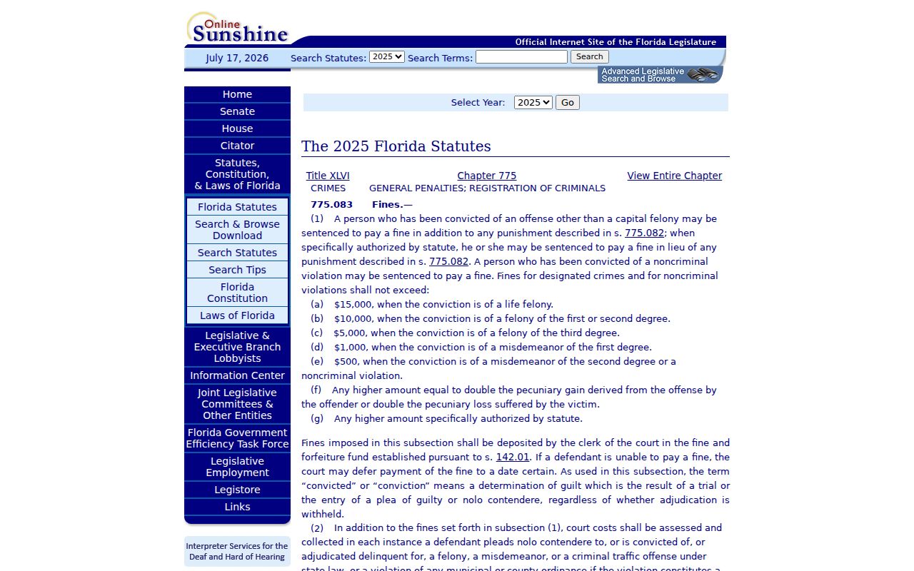 Florida criminal fine limits statute used to interpret Caryville case records