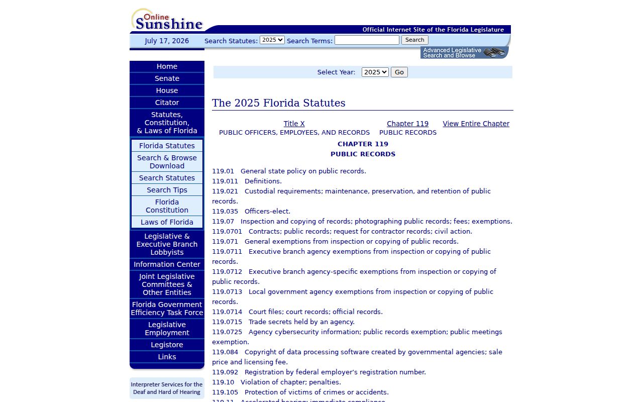 Florida Public Records Law page governing Caryville public record requests