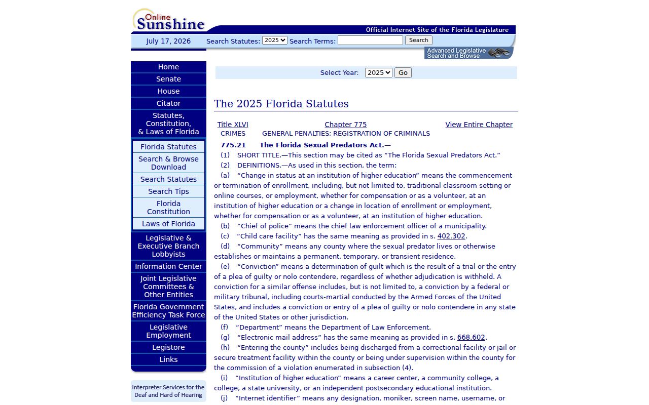 Florida Sexual Predators Act statute page for Caryville registry context