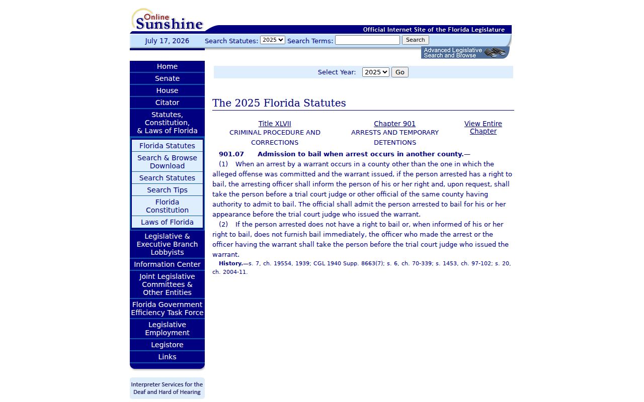 Florida statute page on execution of arrest warrants for Vernon legal context
