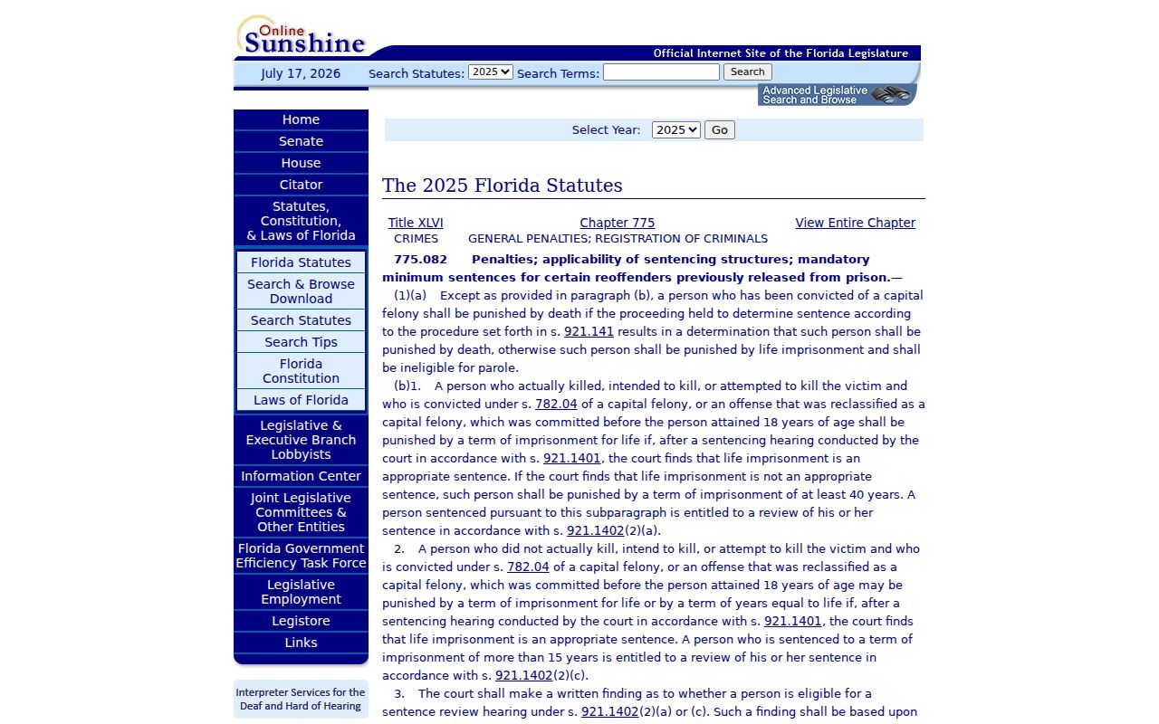 Florida statute page listing offense imprisonment ranges relevant to Vernon court records