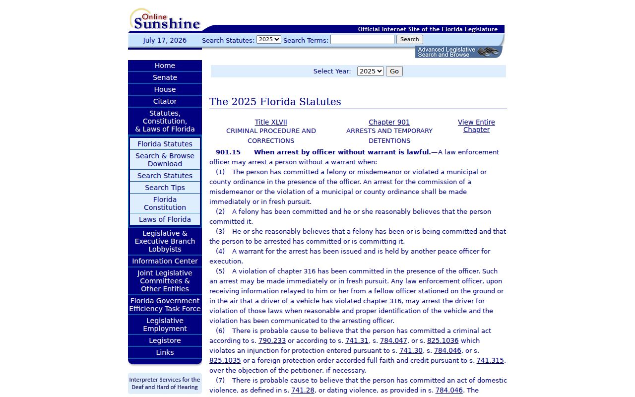 Florida statute page describing warrantless arrest authority relevant to Vernon records