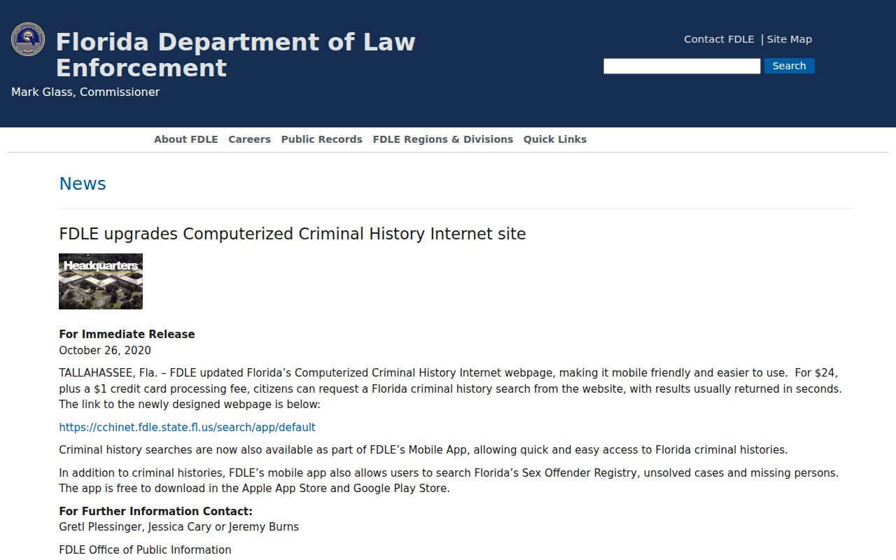 Washington County arrest lookup FDLE CCH fee guidance