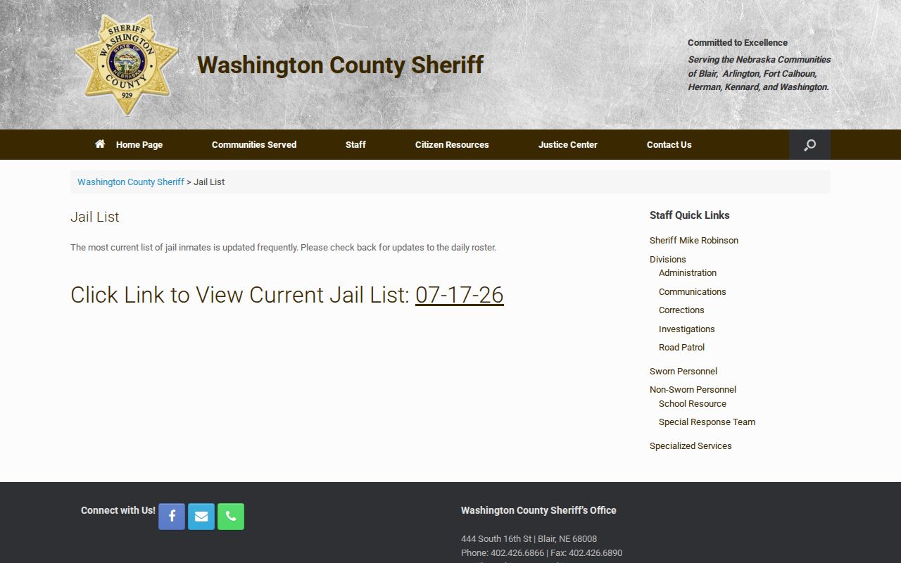 Washington County arrest lookup daily jail list
